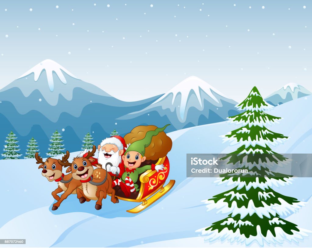 Cartoon Santa Claus With Elf Riding On A Sleigh With Bag Of Gifts Pulled By  Reindeer Stock Illustration - Download Image Now - iStock