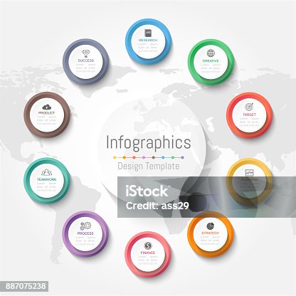 istock Infographic design elements for your business data with 10 options, parts, steps, timelines or processes. Vector Illustration. World map of this image furnished by NASA 887075238