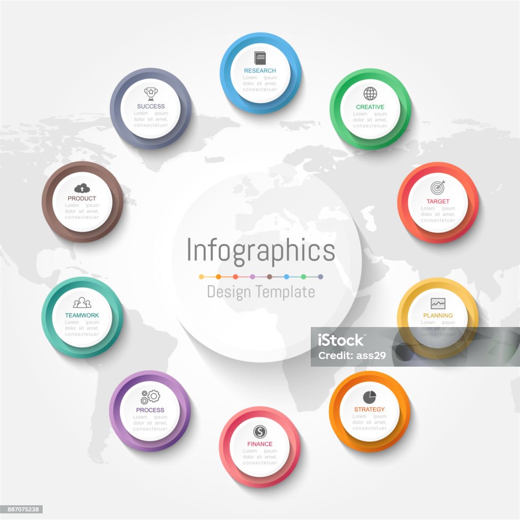 Infographic design elements for your business data with 10 options, parts, steps, timelines or processes. Vector Illustration. World map of this image furnished by NASA 10-11 Years stock vector