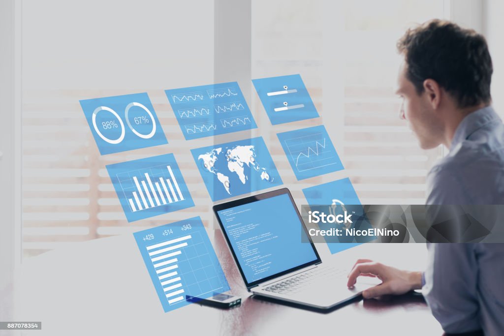 Businessman with holographic AR screen business analytics financial dashboard, fintech Businessman working with holographic augmented reality (AR) screen technology to analyze business analytics key performance indicator and charts on financial dashboard, fintech concept Dashboard - Visual Aid Stock Photo