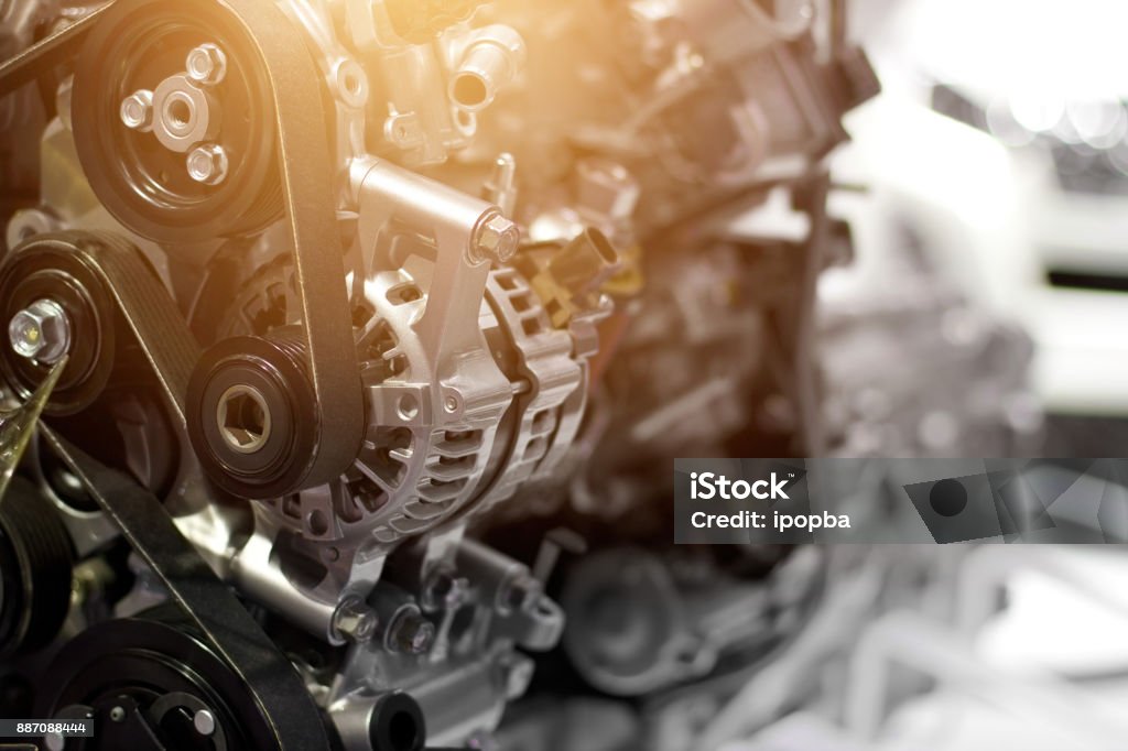 Car engine part, concept of modern vehicle motor and cut metal car engine part details Engine Stock Photo