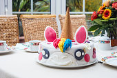 Homemade birthday cake unicorn on a table