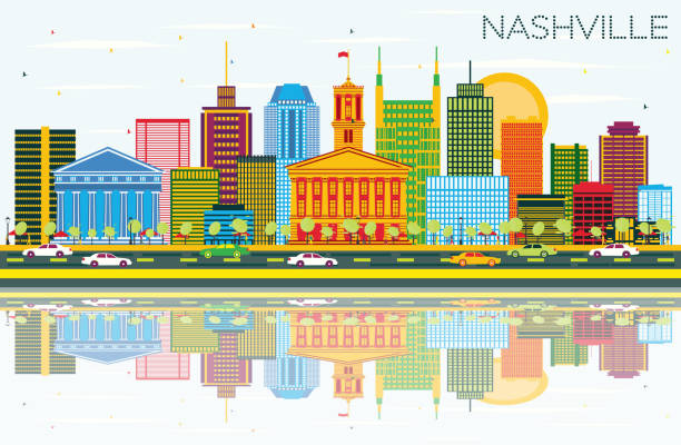 색 건물, 푸른 하늘, 반사와 내 쉬 빌 스카이 라인. - nashville tennessee downtown district city stock illustrations
