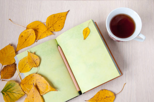 istock On the table, tea, an open book, a pencil and autumn leaves 887109056