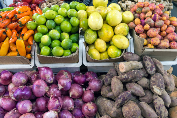 istock Different vegetables and fruits for sale 887115988