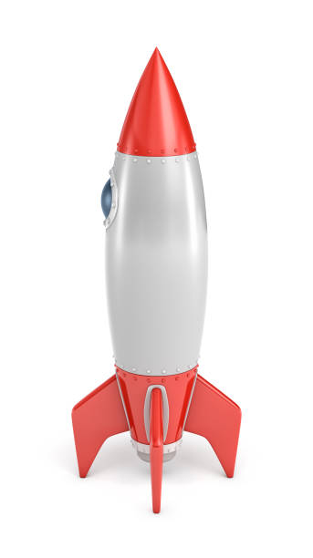 istock 3d rendering of a silver and red rocket ship with a round porthole standing on a white background 887116140
