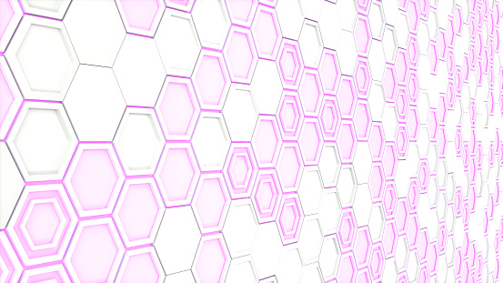 Abstract 3d background made of white hexagons on purple glowing background. Wall of hexagons. Honeycomb pattern. 3D render illustration