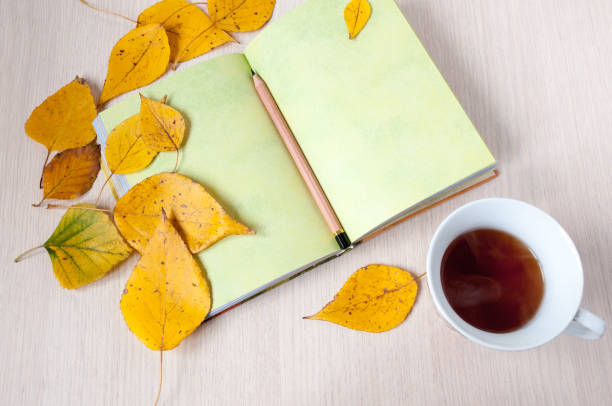 istock On the table, tea, an open book, a pencil and autumn leaves 887130232