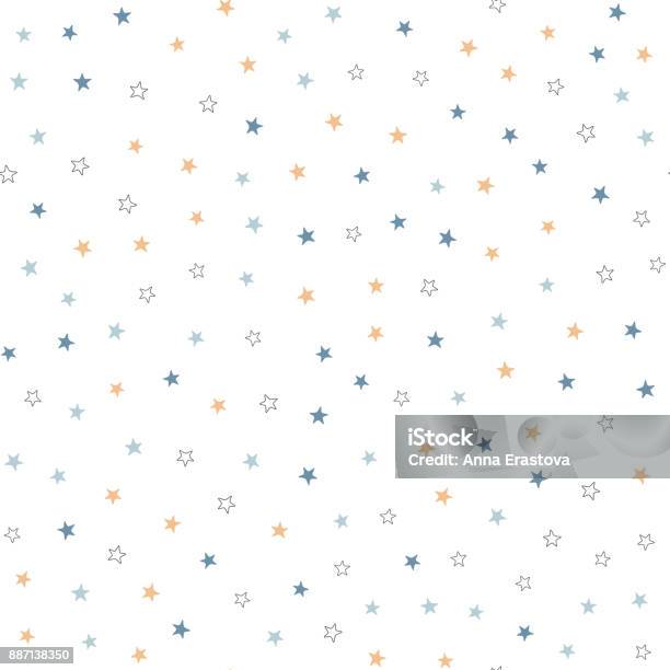 Repeated Black Blue And Brown Stars On White Background Cute Festive Seamless Pattern Stock Illustration - Download Image Now