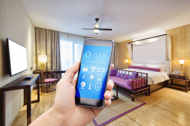 istock smart phone with smart home with modern bedroom 887144768