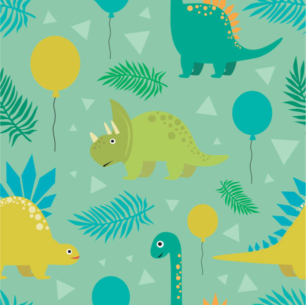 Seamless pattern with jungle and dinosaurs Seamless pattern with jungle and dinosaurs. Vector illustration dinosaur birthday stock illustrations