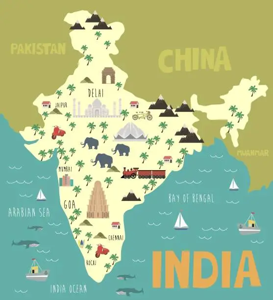 Vector illustration of Illustration map of India with nature, animals and landmarks