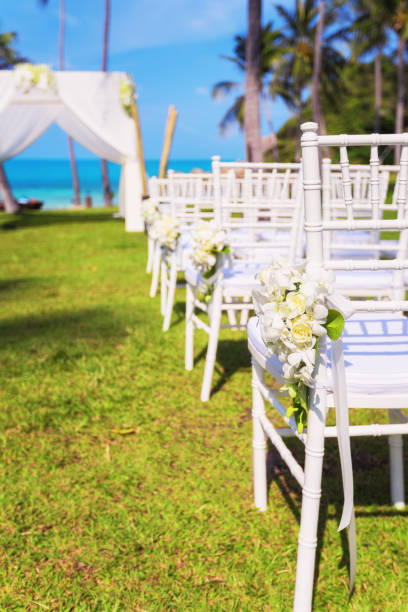 istock Row of white wedding chairs on green grass ready for the ceremony 887159078