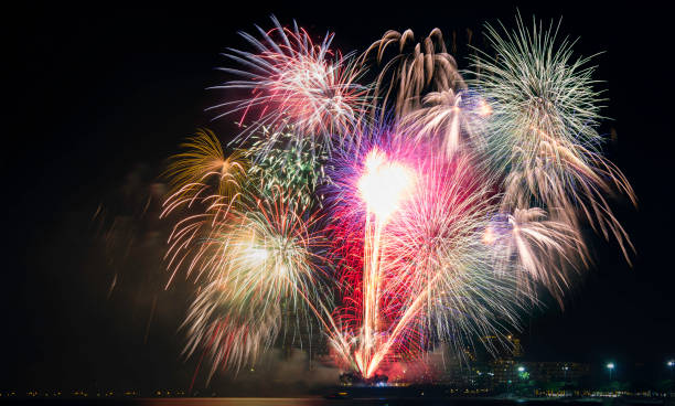 istock New Year celebration fireworks. Brightly Colorful Fireworks isolated black background. 887166638
