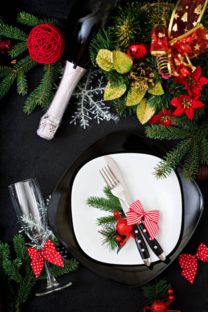 istock Traditional dishware on Christmas table. Flat lay. Top view 887181904