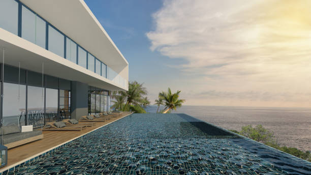 istock Sea view swimming pool in modern loft design,Luxury ocean Beach house 887206796