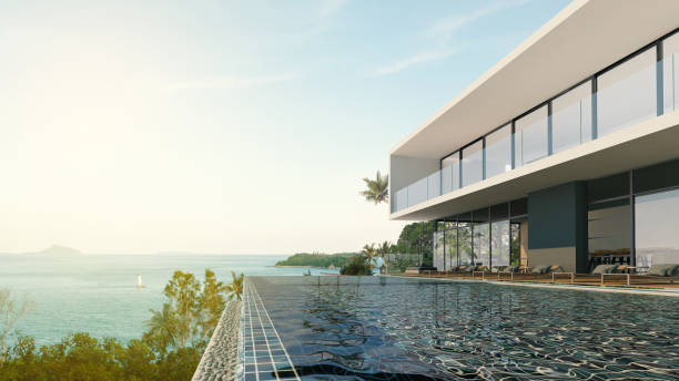 istock Sea view swimming pool in modern loft design,Luxury ocean Beach house 887206822