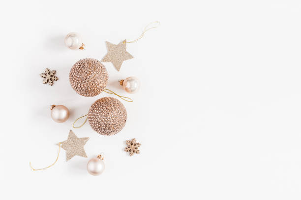istock Christmas balls, golden decorations. Flat lay, top view, copy space 887216920