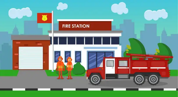 Vector illustration of The composition of the fire truck and fire station. Vector illustration.