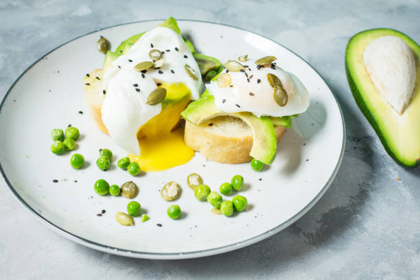 istock Delicious Poached Egg with Bread and Sliced Avocado on concrete background 887224186