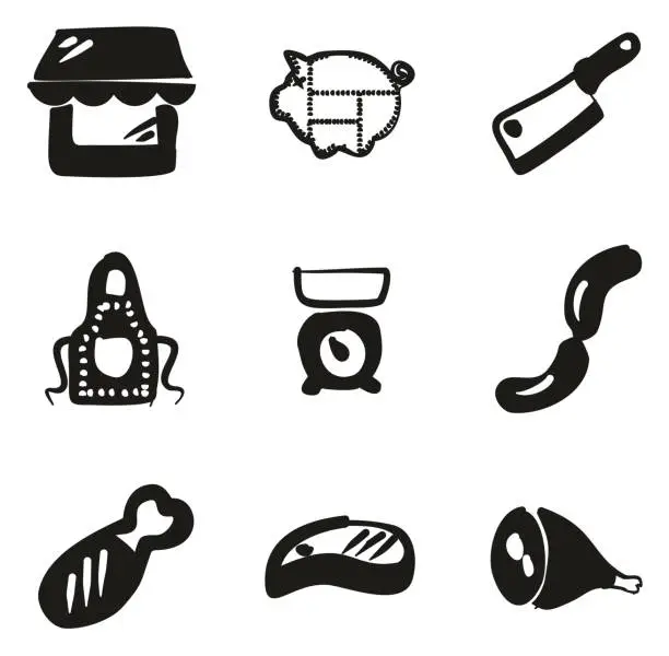 Vector illustration of Butcher Shop Icons Freehand Fill