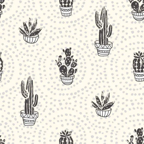 Vector illustration of Succulents and cacti plants on the dot background. Vector seamless pattern with  home garden cartoon cactus. Fabric design.
