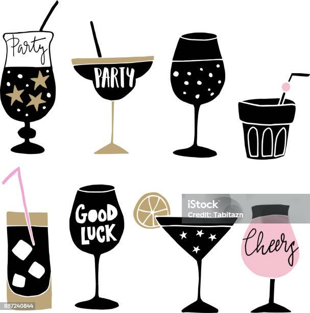 Set Of Hand Drawn Alcoholic Drinks Cocktails With Lettering Quotes Happy New Year Celebration Concept Isolated Vector Icons Stock Illustration - Download Image Now