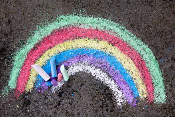 istock chalk drawing on asphalt: colorful rainbow 887242628