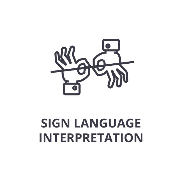 ikona linii interpretacji języka migowego, znak konspektu, symbol liniowy, wektor, ilustracja płaska - sign language american sign language human hand deaf stock illustrations