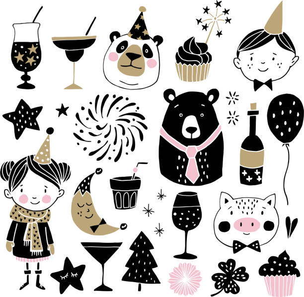 illustrations, cliparts, dessins animés et icônes de jeu de main repris des éléments graphiques anniversaire ou le nouvel an. pour enfants avec chapeaux de fête, l’ours mignons, feux d’artifice de cochon, boissons et décorations. design scandinave enfants. accessoires de stand photo. vecteurs isolés - martini glass wineglass wine bottle glass