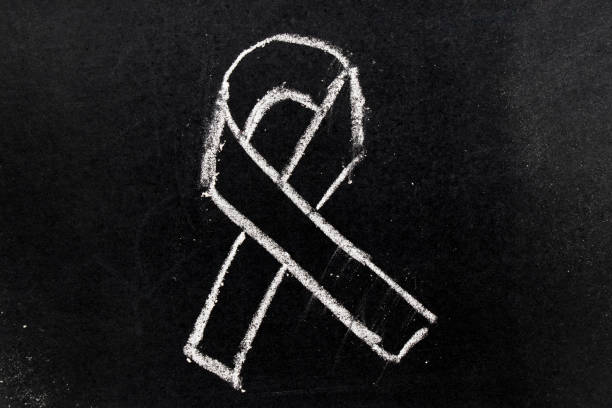 istock White chalk drawing as black ribbon shape on black board background (Concept for symbol of remembrance or mourning) 887243552