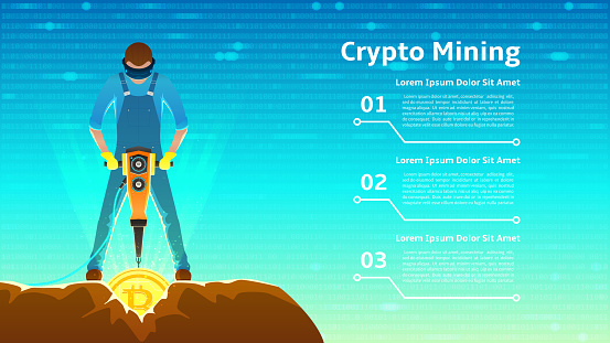Modern Concept of Digital Crypto Mining. Person Extracting Coins from Rock with a jackhammer. Vector Illustration with Binary Computer Code.