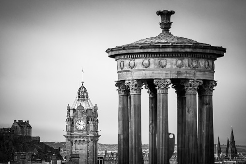 Dugald Stewart Monument in Edinburgh, view form carlton hill. Black and white