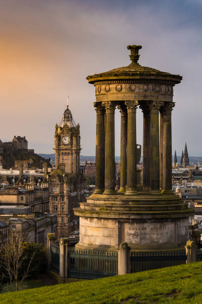Edinburgh sunset aerial skyline from Calton Hill capital city of Scotland UK United Kingdom
