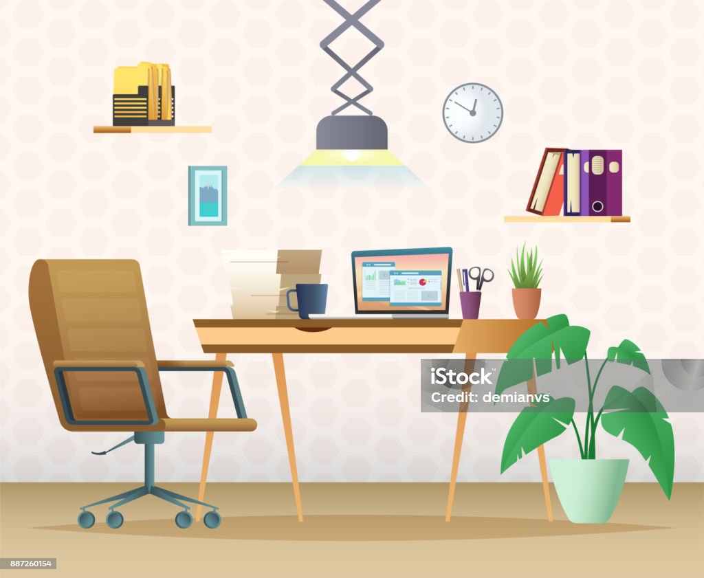 Ilustración de Una Moderna Oficina En Casa Espacio De Trabajo Diseñado En Estilo De Dibujos Animados y más Vectores Libres de Derechos de Oficina - iStock Ilustración de Una Moderna Oficina En Casa Espacio De Trabajo Diseñado En Estilo De Dibujos Animados y más Vectores Libres de Derechos de Oficina - iStock