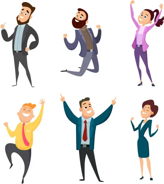 Vector illustration of Male and female happy businessmen in action poses