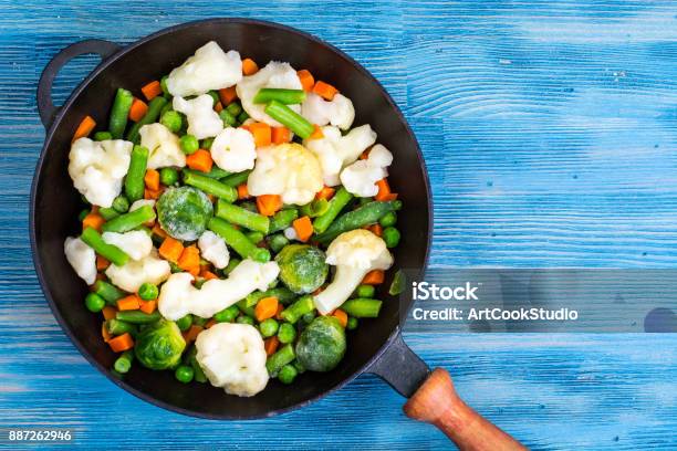 Pan With Frozen Vegetable Mix For Frying Stock Photo - Download Image Now - Vegetable, Frozen, Boiled