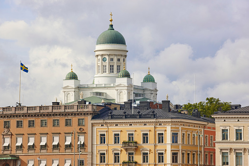 Helsinki city center skyline with Tuomiokirkko cathedral. Travel Finland. Horizontal