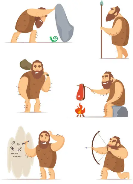 Vector illustration of Caveman and different action poses