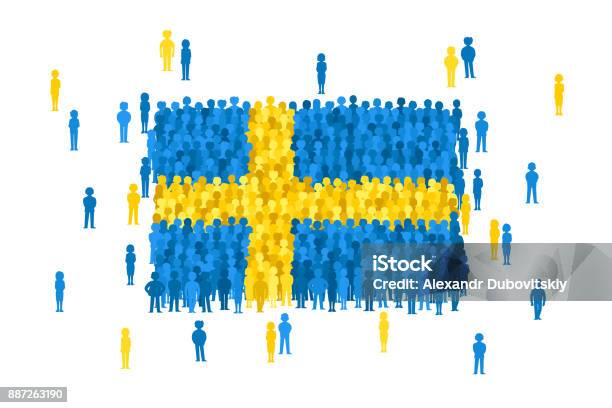Vector Sweden State Flag Formed By Crowd Of Cartoon People Stock Illustration - Download Image Now