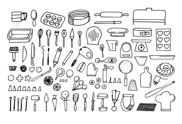 illustrations, cliparts, dessins animés et icônes de outils de cuisson et essentials. fournitures de boulangerie dessinés à la main. icon set ustensiles ligne vector cuisine. - kitchen utensil kitchen knife wire whisk spatula