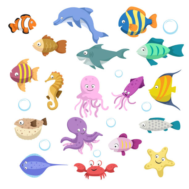 トレンディな色鮮やかなサンゴ礁の漫画動物大きなセット。魚類、哺乳類、甲殻類。イルカとサメ、タコ、カニ、ヒトデ、クラゲ。熱帯サンゴの野生動物。 - sea horse点のイラスト素材／クリップアート素材／マンガ素材／アイコン素材