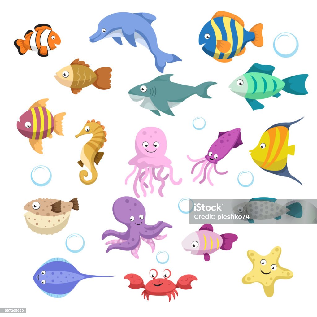 Desenho moderno de corais coloridos animais grande conjunto. Peixes, mamíferos, crustáceos. Golfinho e tubarão, polvo, caranguejo, estrela do mar, água-viva. Animais selvagens de recifes de corais tropicais. - Vetor de Peixe royalty-free