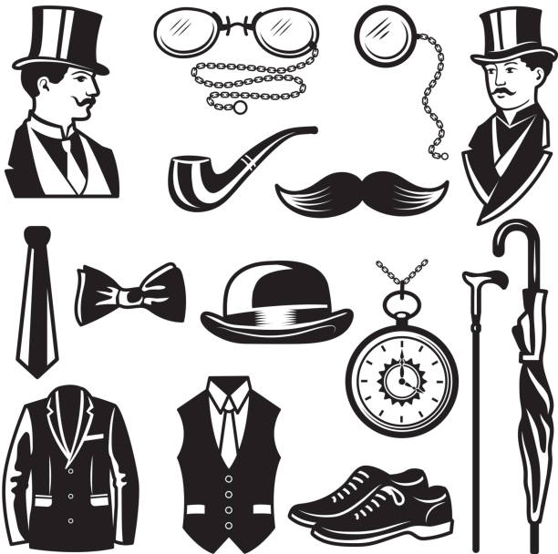 Retro pictures in victorian style. Illustrations for gentleman club labels Retro pictures in victorian style. Illustrations for gentleman club labels. Gentleman in victorian english style and fashion, clothing dandy vector metrosexual stock illustrations