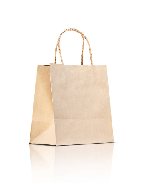 ペーパークラフトのショッピングバッグで分離白背景 - paper bag bag brown handle ストックフォトと画像