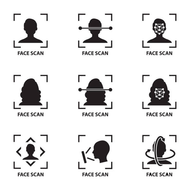コンピューターとスマート フォンのシンボル アイコンは、人の顔をスキャンします。バイオ メトリック認証。顔認識システムの概念。 - 顔認証点のイラスト素材／クリップアート素材／マンガ素材／アイコン素材