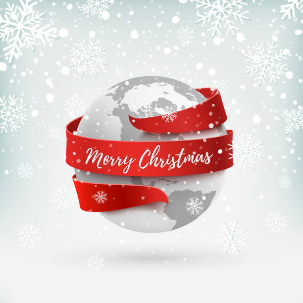 istock Merry Christmas, earth icon with red ribbon around it. 887271172