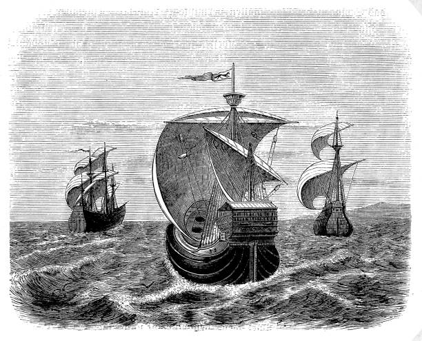 nina, pinta 및 산타 마리아-크리스토페 미술관은 ships - replica nina ship stock illustrations