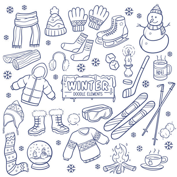 겨울 시즌 손 그려진된 요소. - snowboard boot stock illustrations