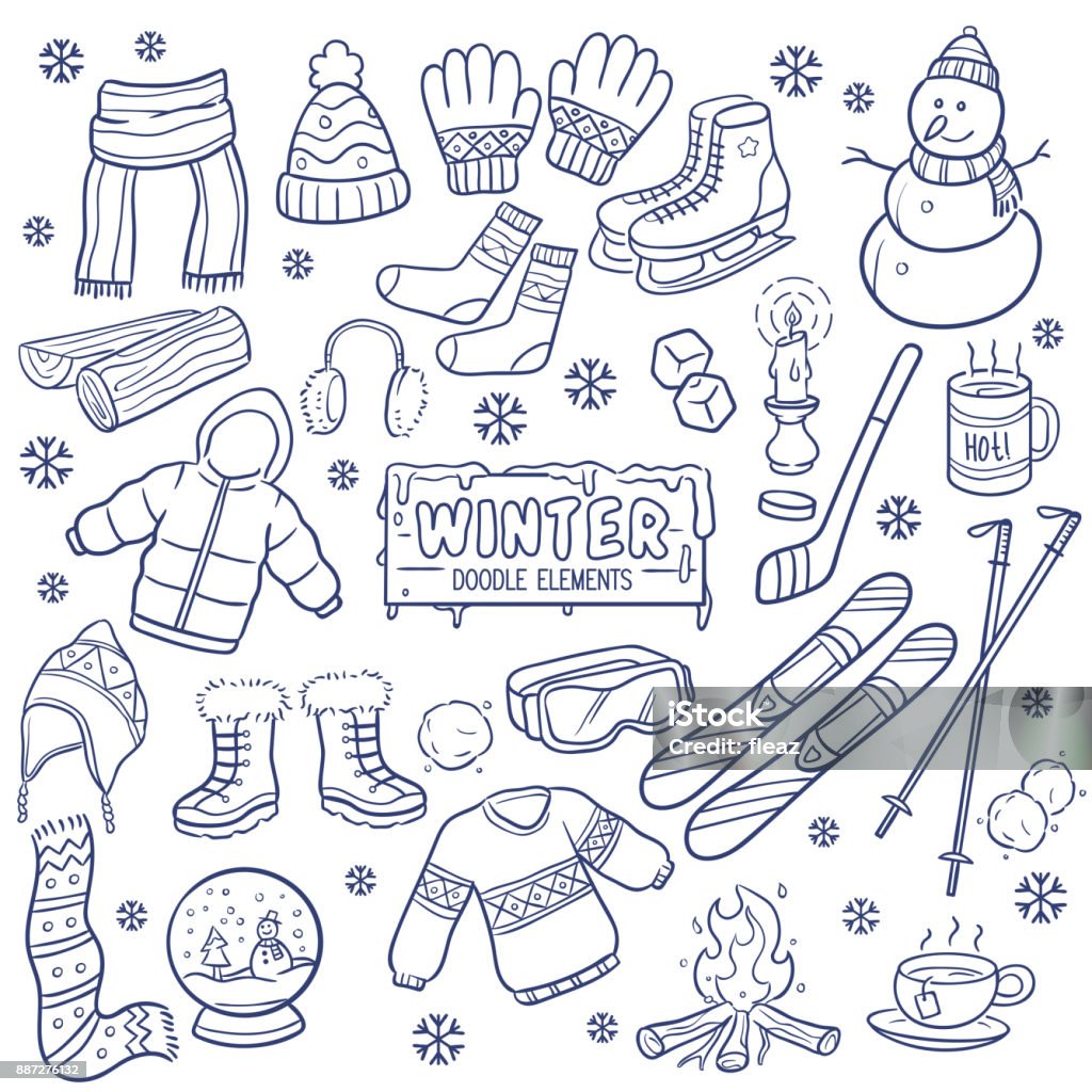 Winter Season Hand Drawn Elements. Winter elements and objects hand drawn isolated on white background Winter stock vector